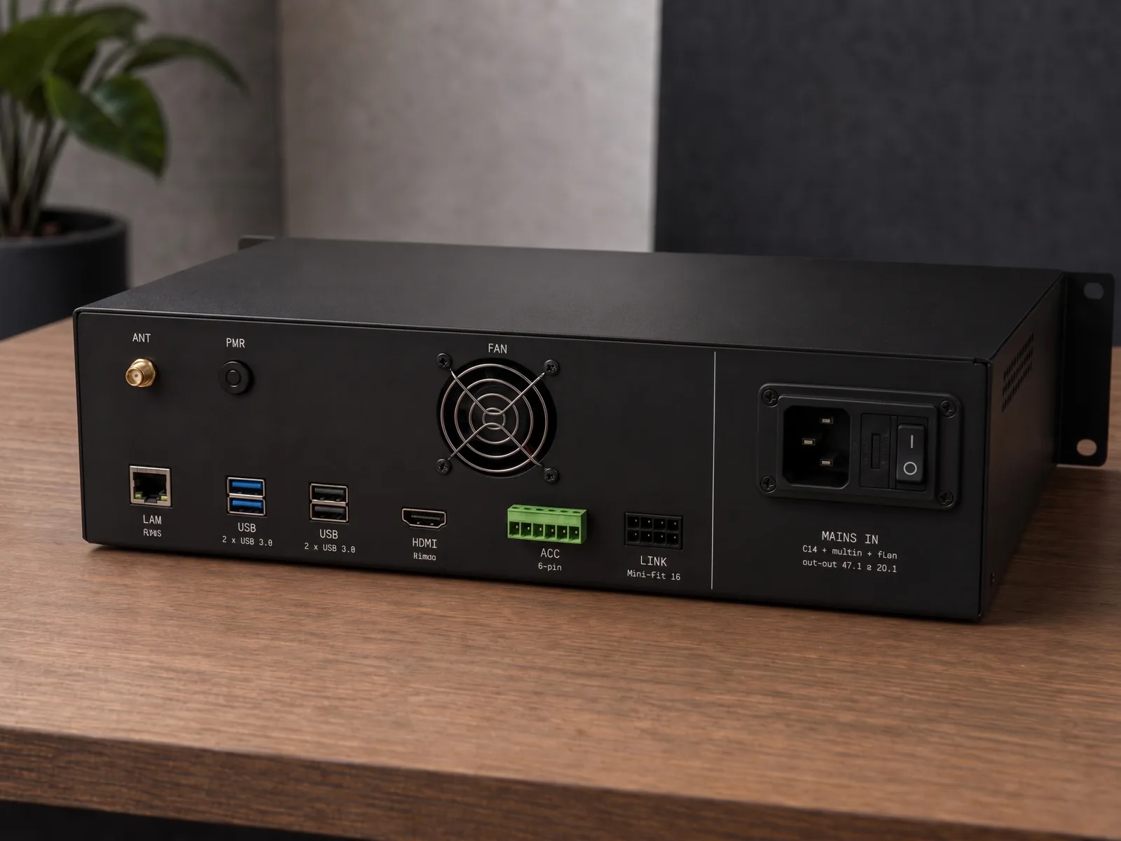Rear of the brain box, with mains inlet, network, USB, HDMI and the link connector