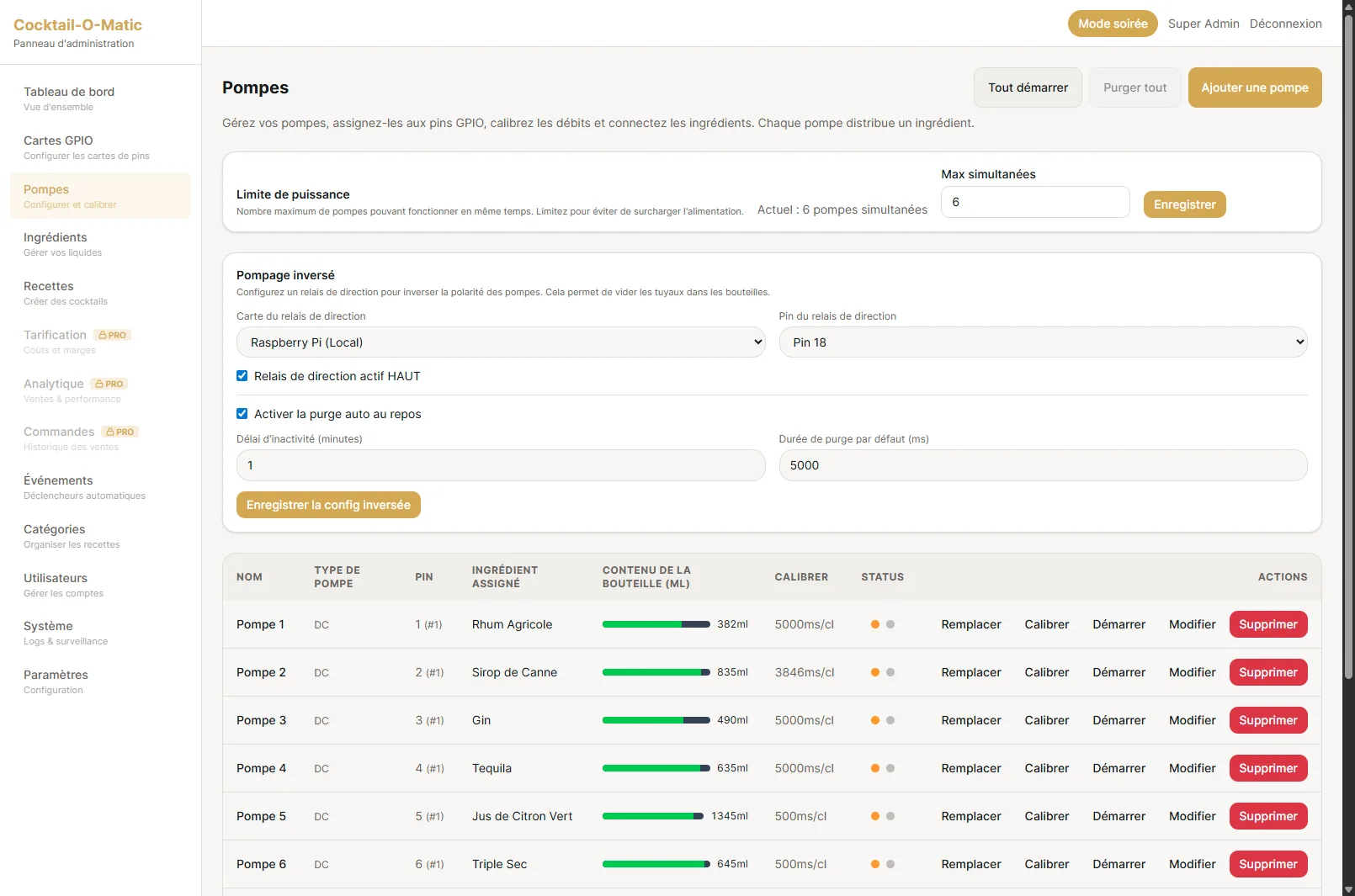 Pump configuration screen showing per-pump calibration values