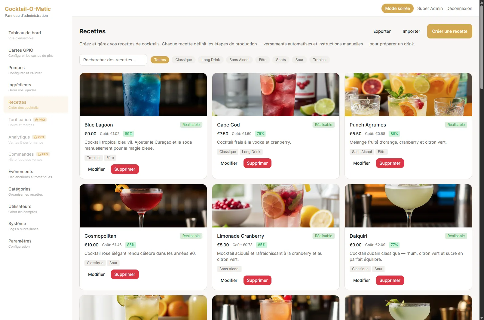 Recipe editor showing ingredients and dosing per drink