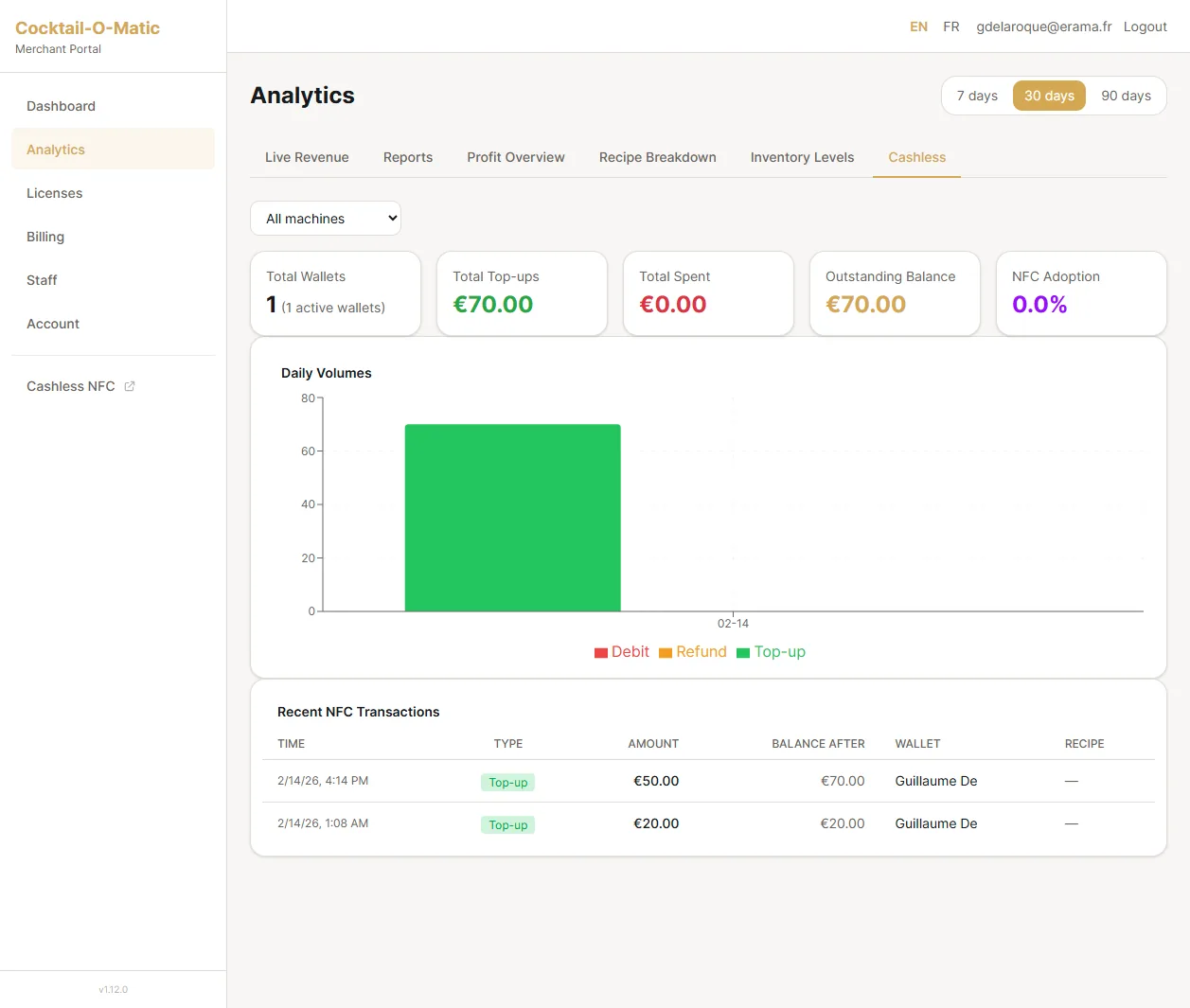 Cashless management screen showing wallet balances and transactions