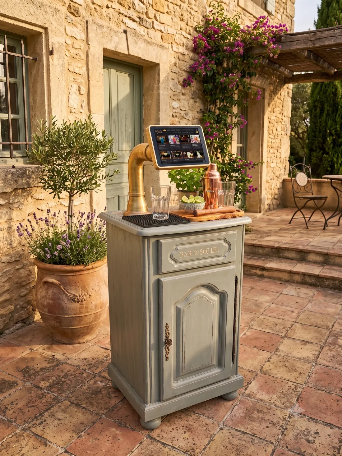 A Cocktail-O-Matic machine built into a restored cabinet on a stone terrace, the tablet showing the guest kiosk