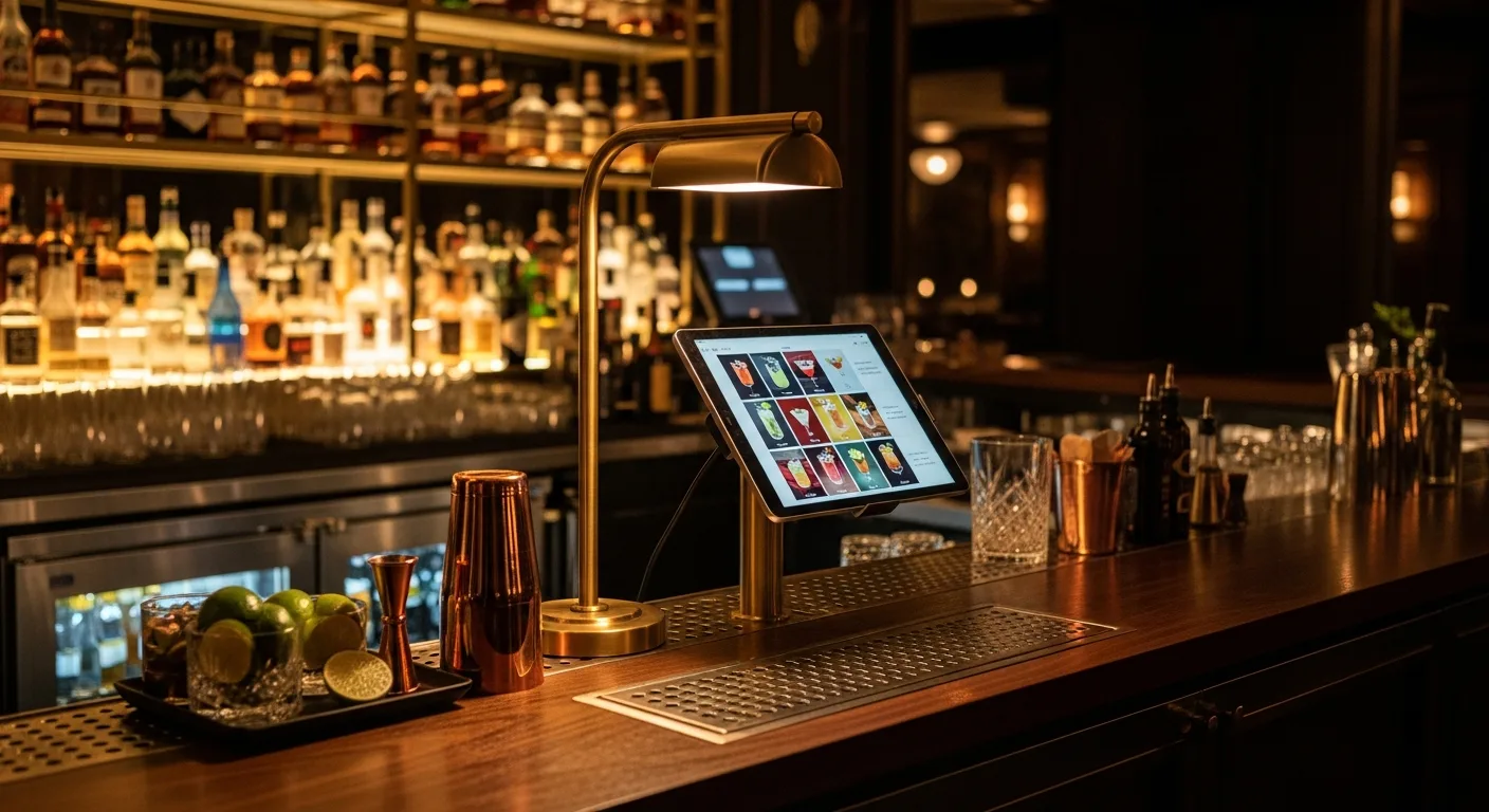An automated cocktail station at the end of a walnut bar counter, the guest tablet lit against a wall of backlit bottles