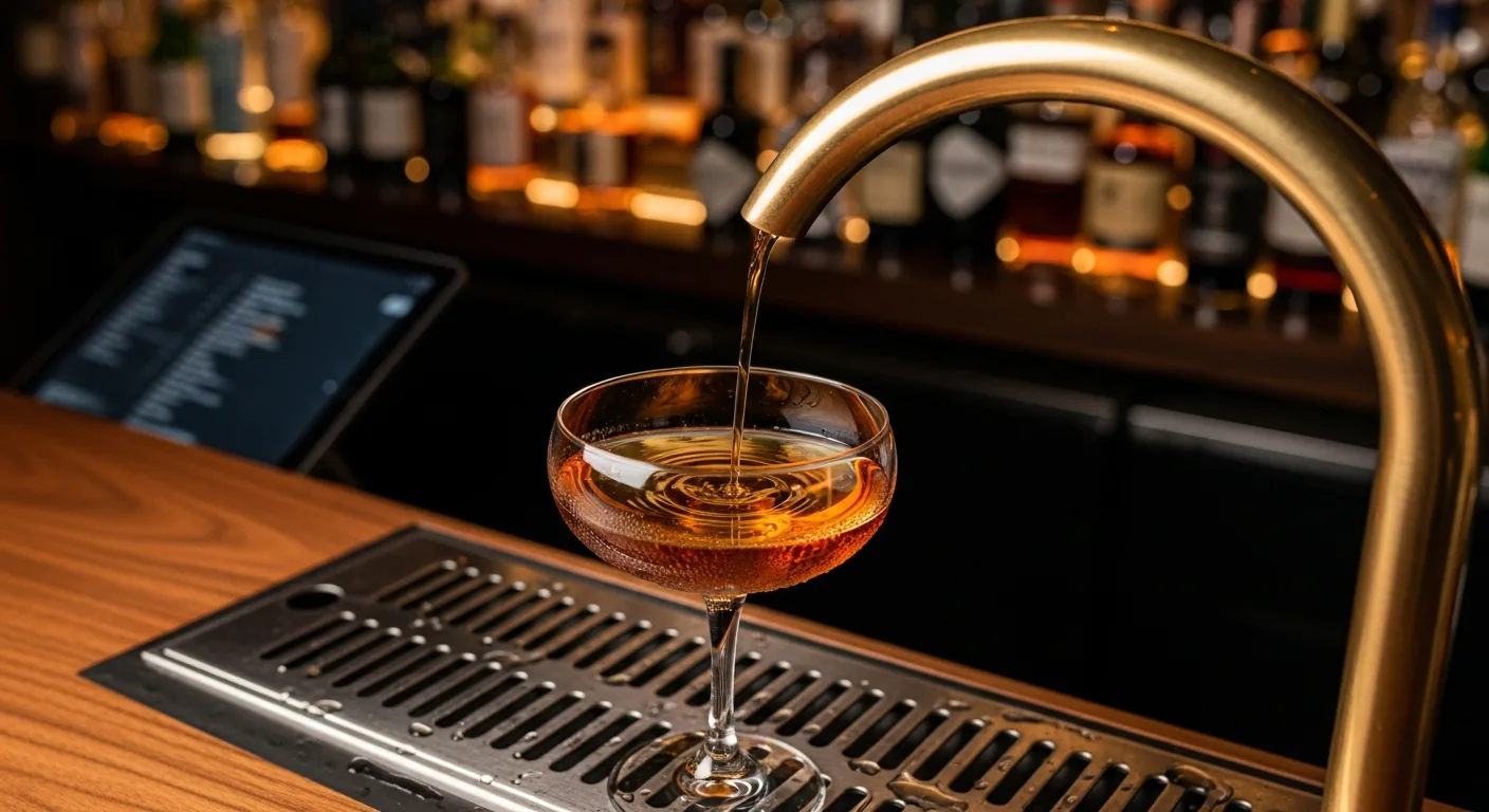 Close-up of a brass spout pouring an amber cocktail into a chilled coupe glass on a bar top