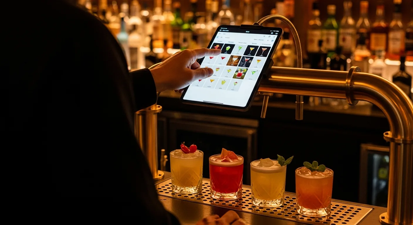 A bartender ordering on the machine tablet while four finished cocktails wait on the drip tray