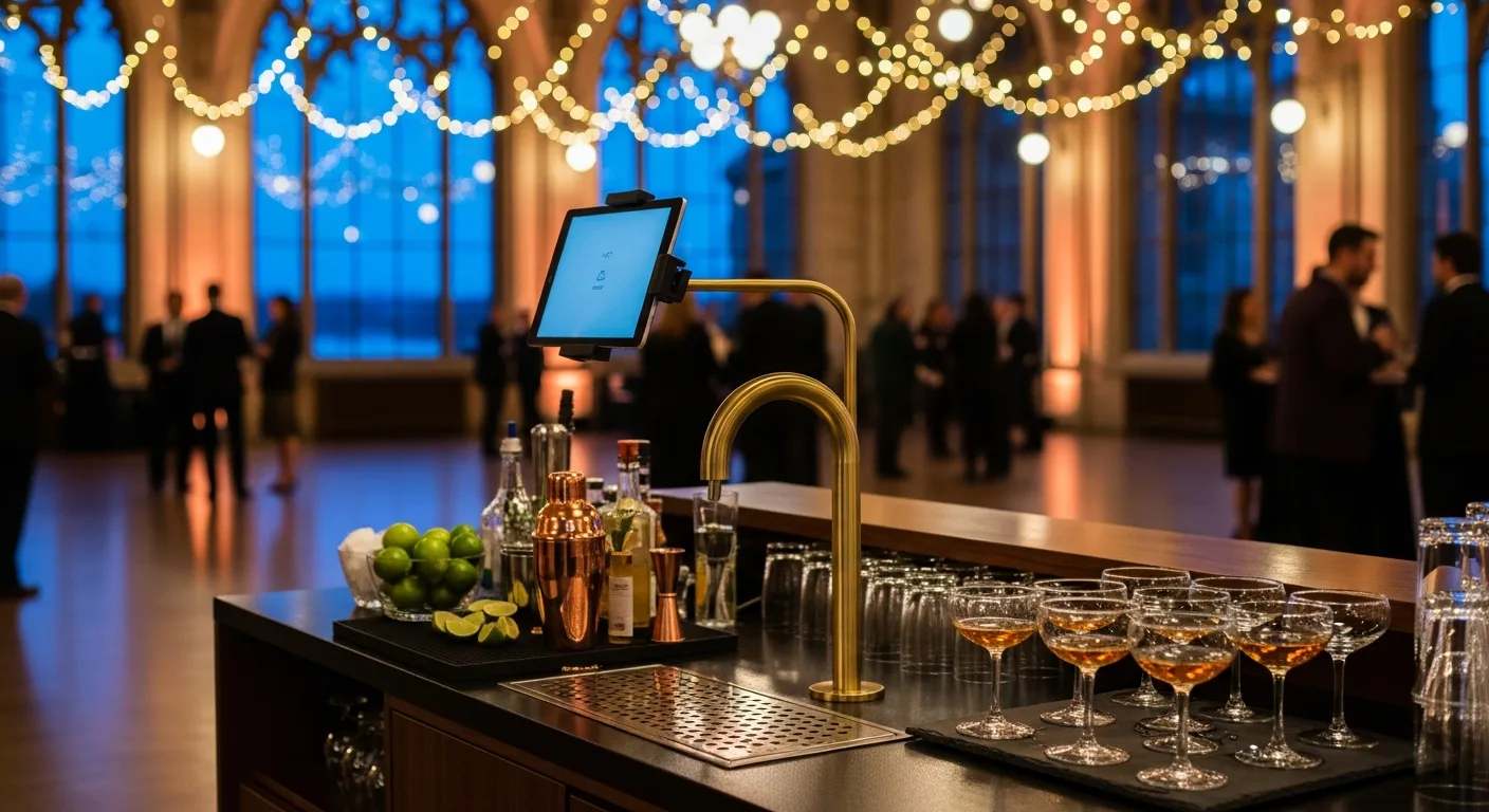 An automated bar station at an evening reception, a row of filled coupe glasses under festoon lighting