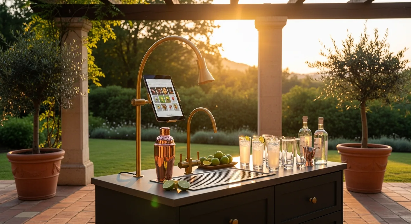 An automated bar station under a pergola at golden hour, tall glasses lined up on the worktop