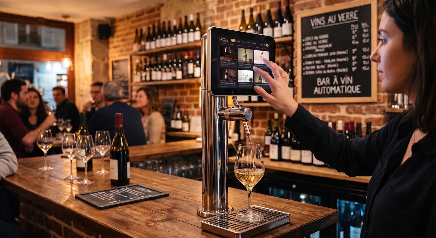 A guest choosing a wine on the tablet of an automatic tap column in a wine bar, a glass of white filling below the spout